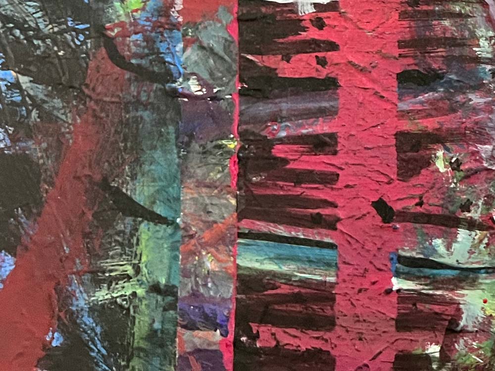 Abstract painting with vertical red and dark textured brushstrokes, intersected by colorful streaks in blue, green, and purple tones.