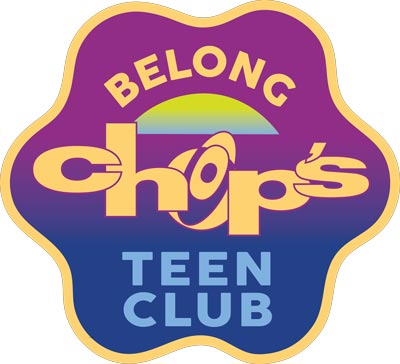 Colorful badge with the words "Belong Chop's Teen Club" in bold, stylized letters. Background features a gradient from purple to blue with a sun design.