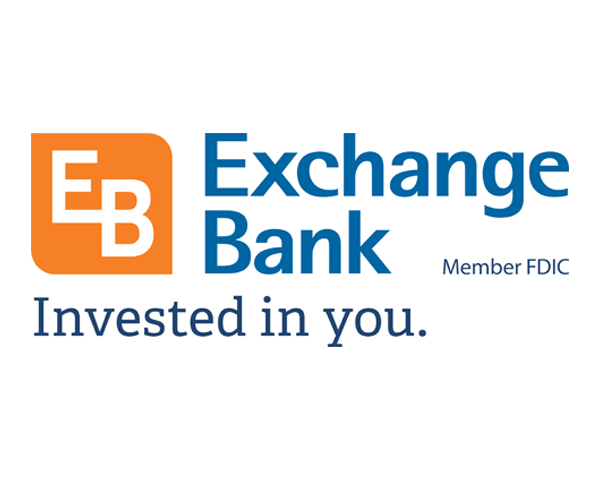 Exchange Bank logo with orange EB icon, blue text reading "Exchange Bank," tagline "Invested in you," and "Member FDIC" on a white background.