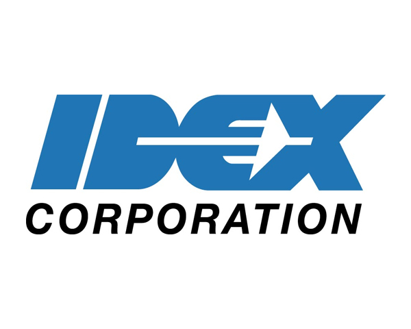 IDEX Corporation logo with bold blue "IDEX" text above black "CORPORATION" text; features a stylized white arrow through the "E".