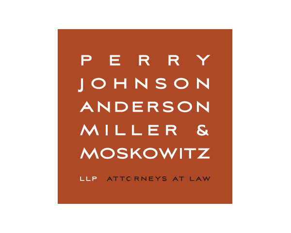 Logo for "Perry Johnson Anderson Miller & Moskowitz LLP Attorneys at Law" in white text on a brown background.
