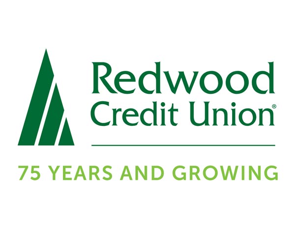 Redwood Credit Union logo with a green tree graphic and the text "75 Years and Growing" below the name.