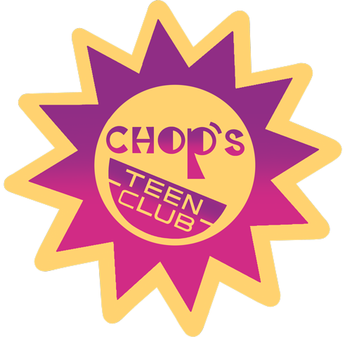 Logo with a yellow and purple starburst shape and the words "Chop's Teen Club" in stylized text at the center.