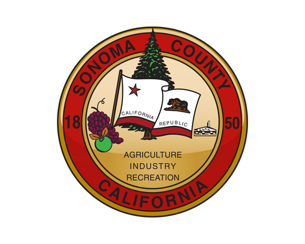 Seal of Sonoma County, California, featuring state and county flags, a tree, grapes, a boat, and the words "Agriculture Industry Recreation" with the year 1850.