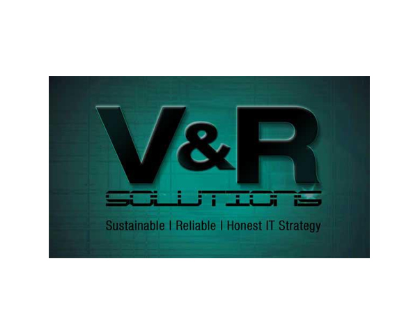 Logo for V&R Solutions with the tagline “Sustainable | Reliable | Honest IT Strategy” on a green and black background.