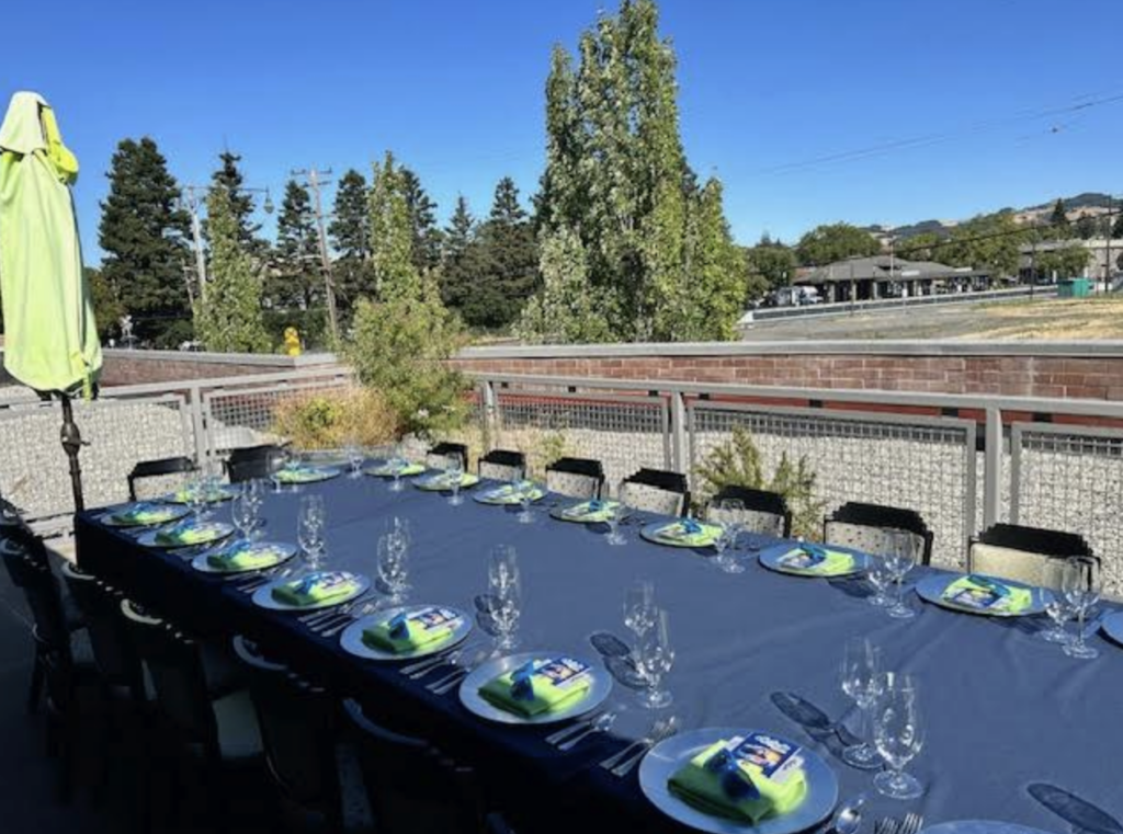 A long outdoor dining table with blue cloth, set with plates, napkins, and glasses, surrounded by chairs. Trees and a clear blue sky are in the background.
