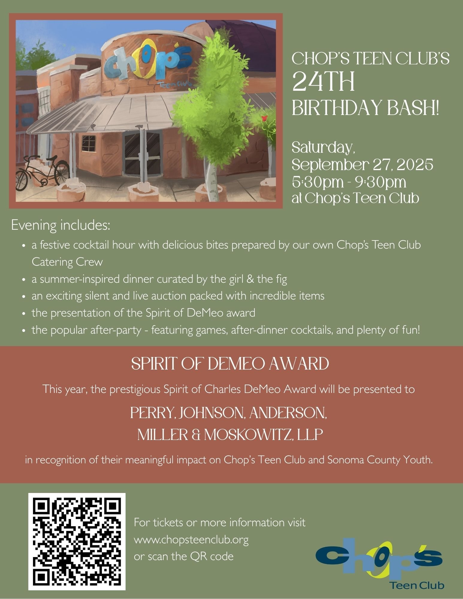 Flyer for Chop's Teen Club's 24th Birthday Bash on September 27, 2025, with event details, evening highlights, and Spirit of DeMeo Award information, featuring the club's building.